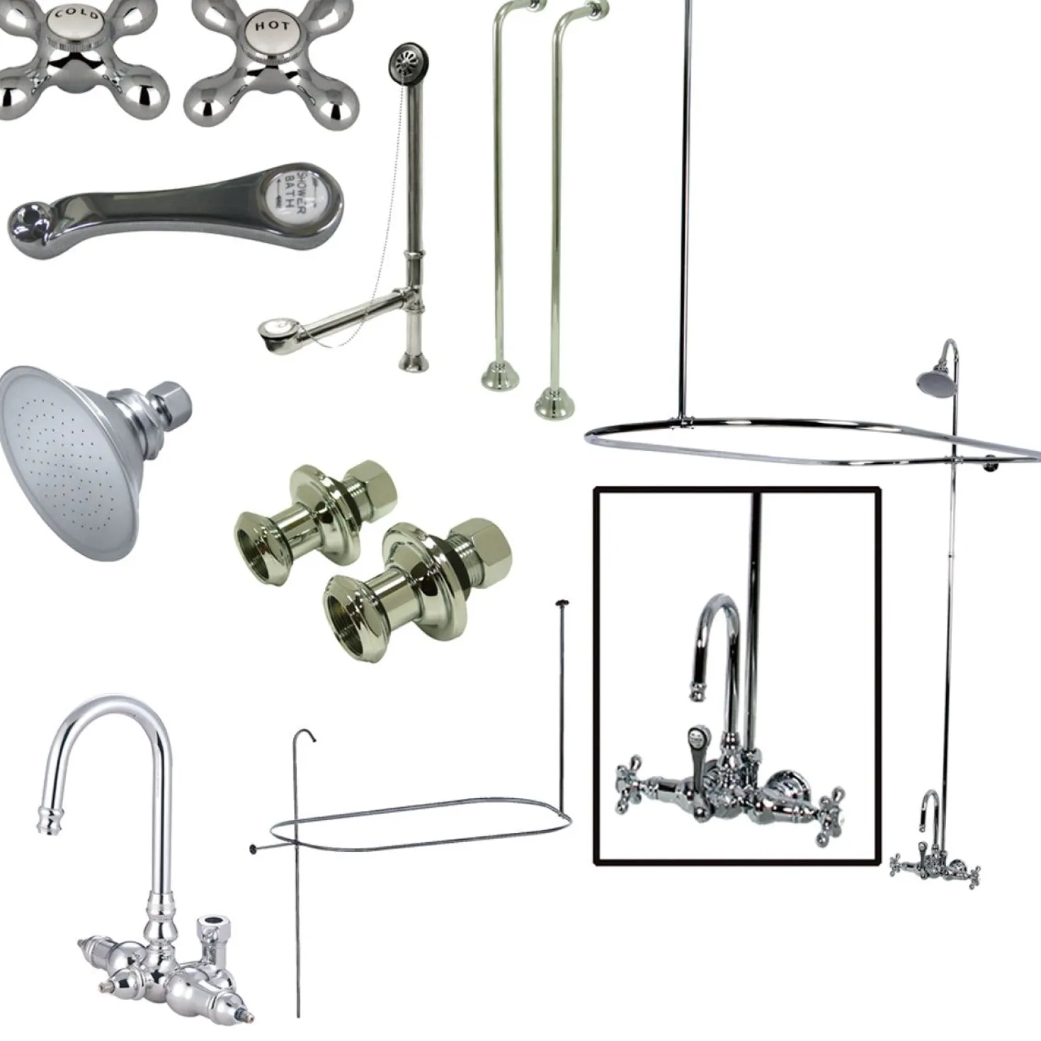 Kingston Brass Vintage Wall Mount High Rise Clawfoot Tub and Shower Package with Porcelain Lever Handles in Polished Chrome