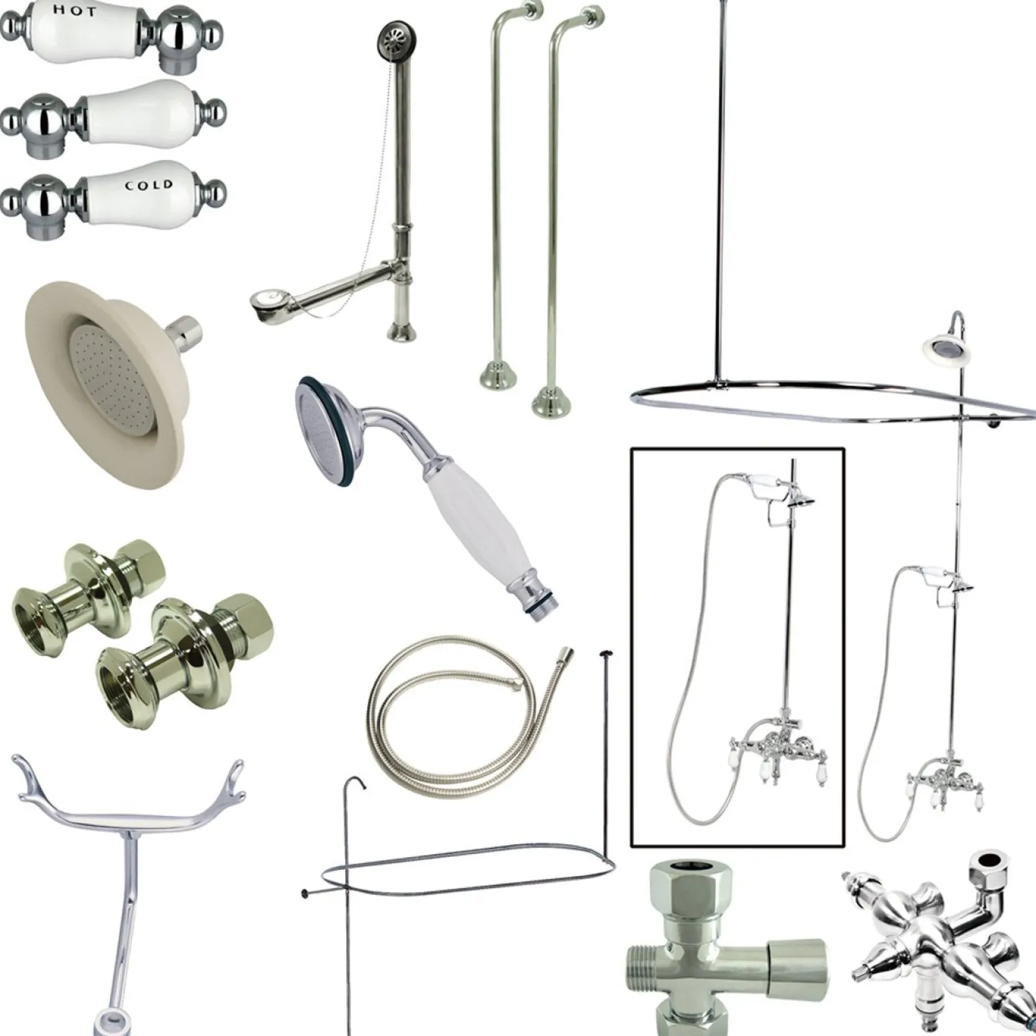 Kingston Brass Vintage Wall Mount Down Spout Clawfoot Tub and Shower Package with Porcelain Lever Handles in Polished Brass