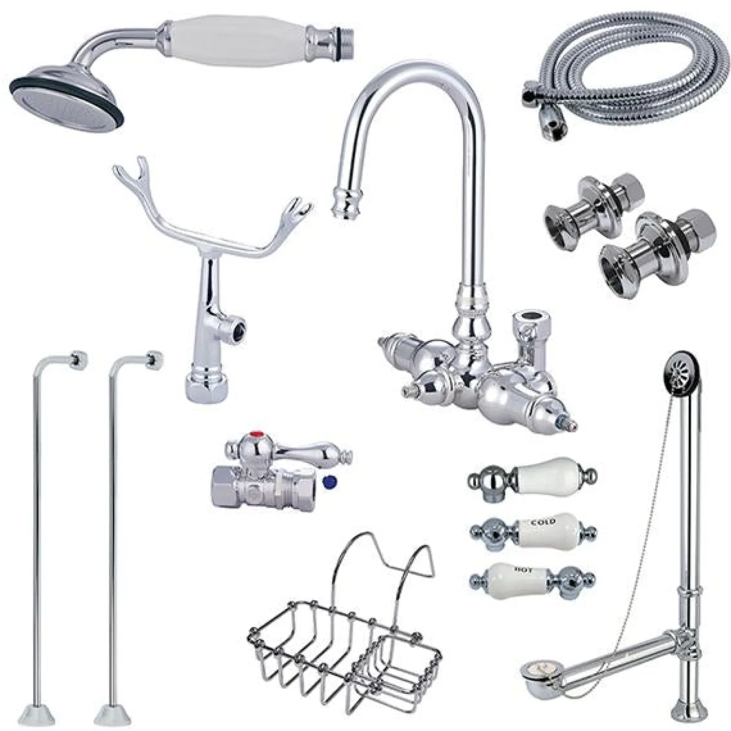 Kingston Brass Vintage Wall Mount Gooseneck Clawfoot Tub Filler with Shower Mixer Kit in Polished Chrome