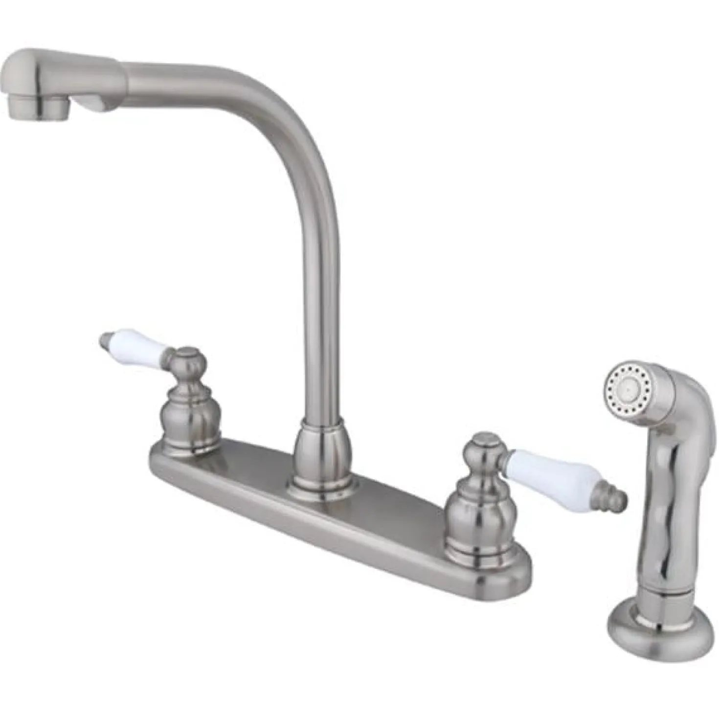 Kingston Brass Water Saving Victorian High Arch Kitchen Faucet with Oak and Porcelain Lever Handles and Sprayer
