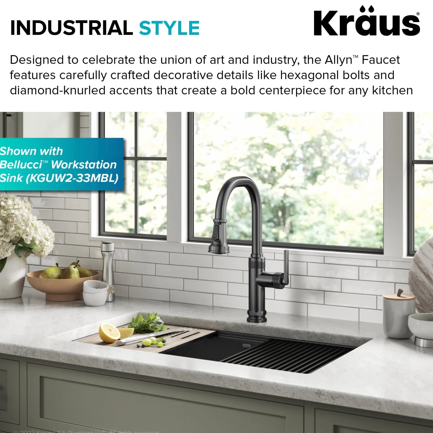 KRAUS Allyn Black Stainless Nut & Bolt Diamond Cut Kitchen Faucet