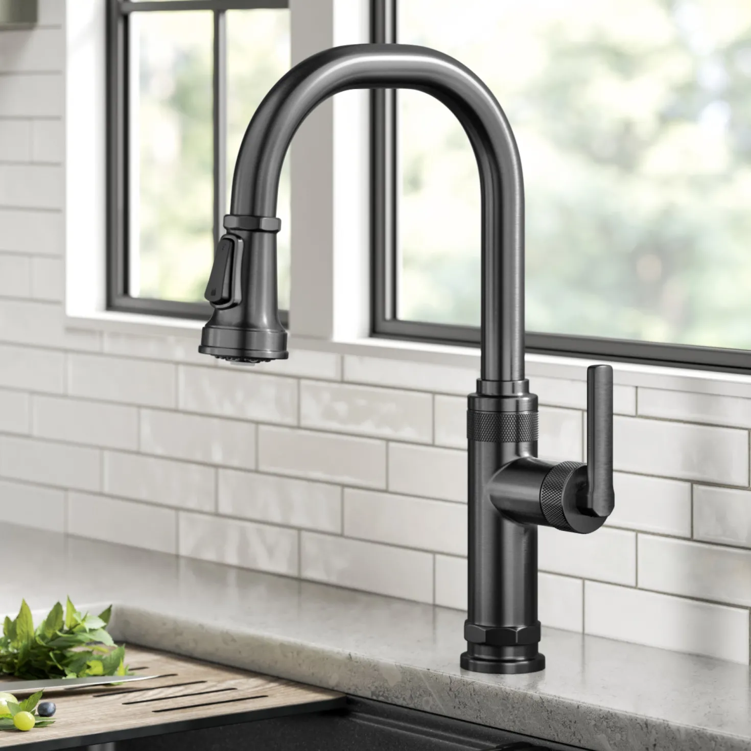 KRAUS Allyn Black Stainless Nut & Bolt Diamond Cut Kitchen Faucet