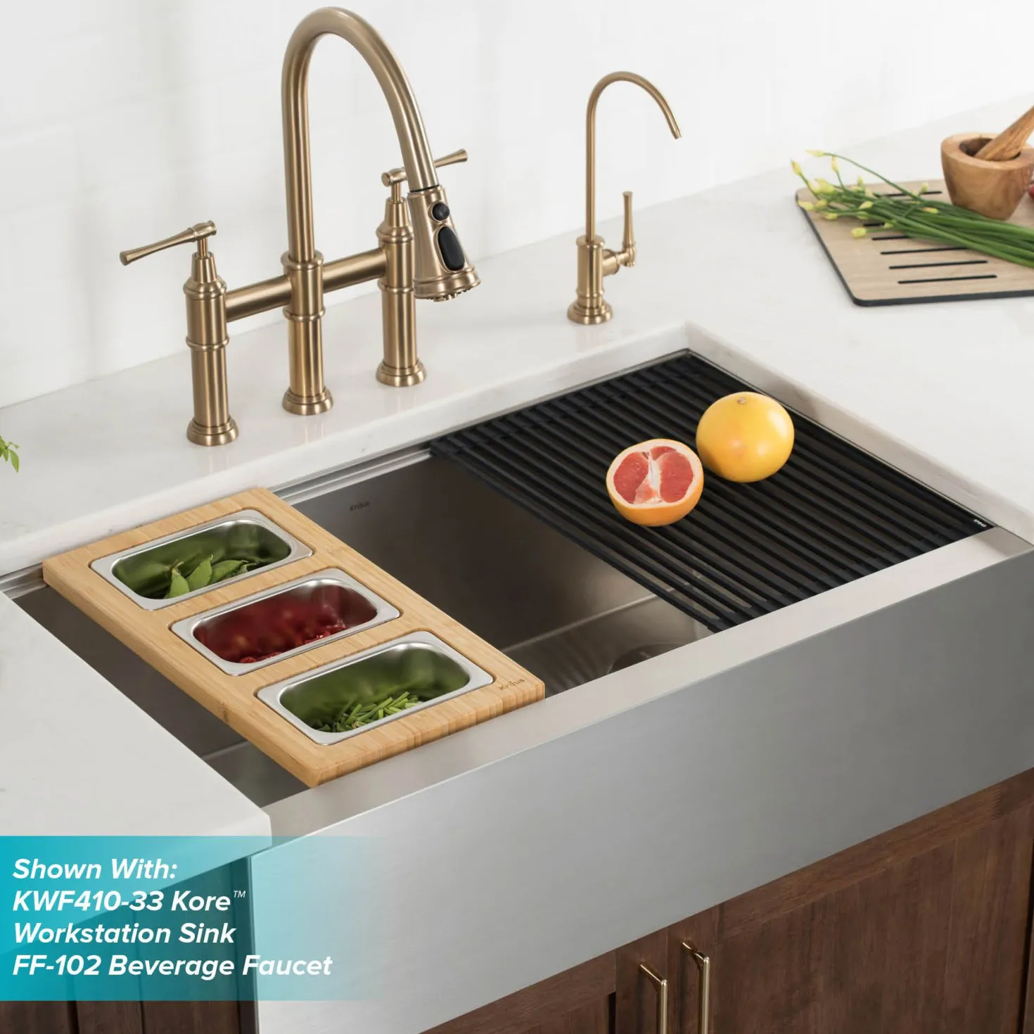 KRAUS Allyn Bridge Faucet with Pull-Down Sprayhead in Brushed Gold