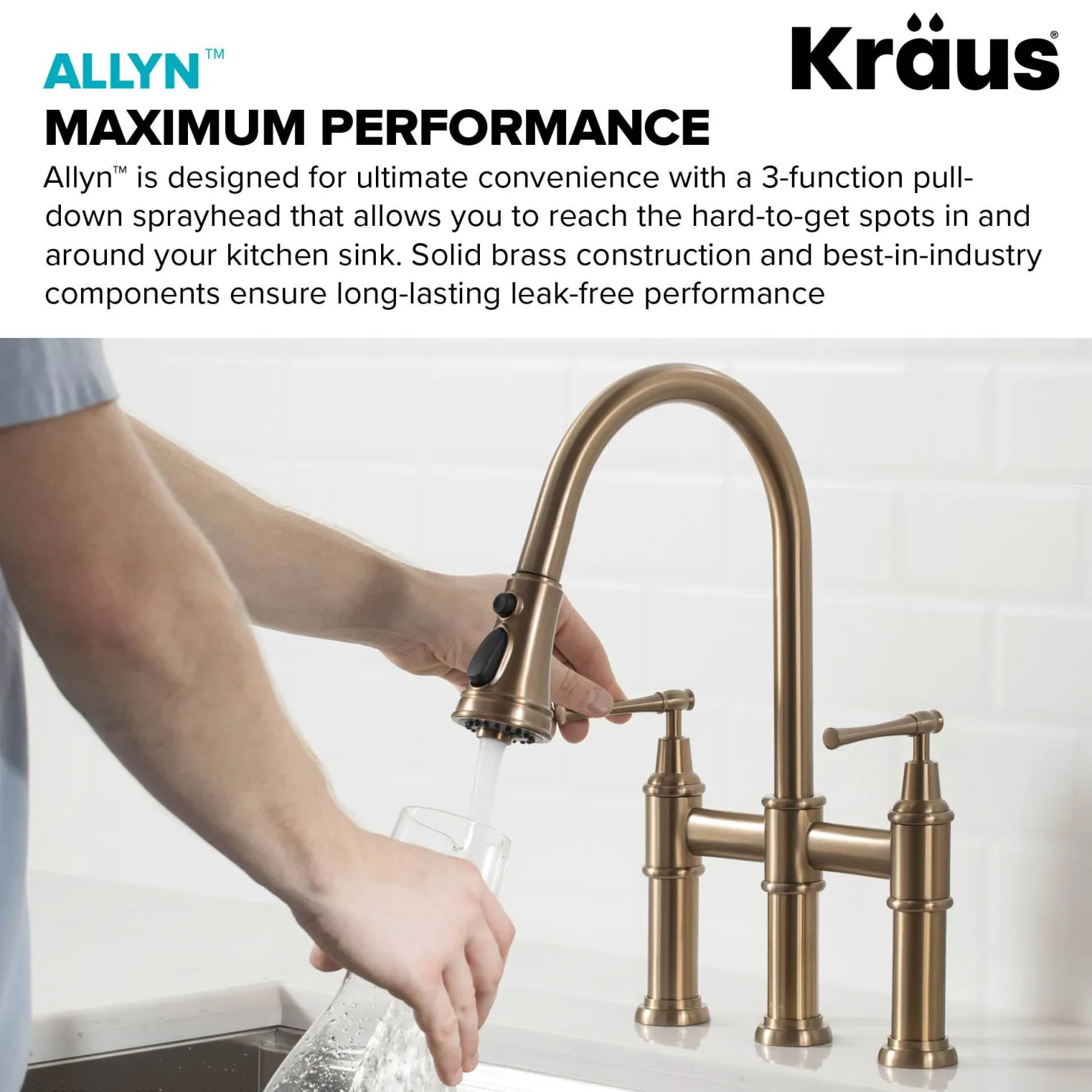 KRAUS Allyn Bridge Faucet with Pull-Down Sprayhead in Brushed Gold