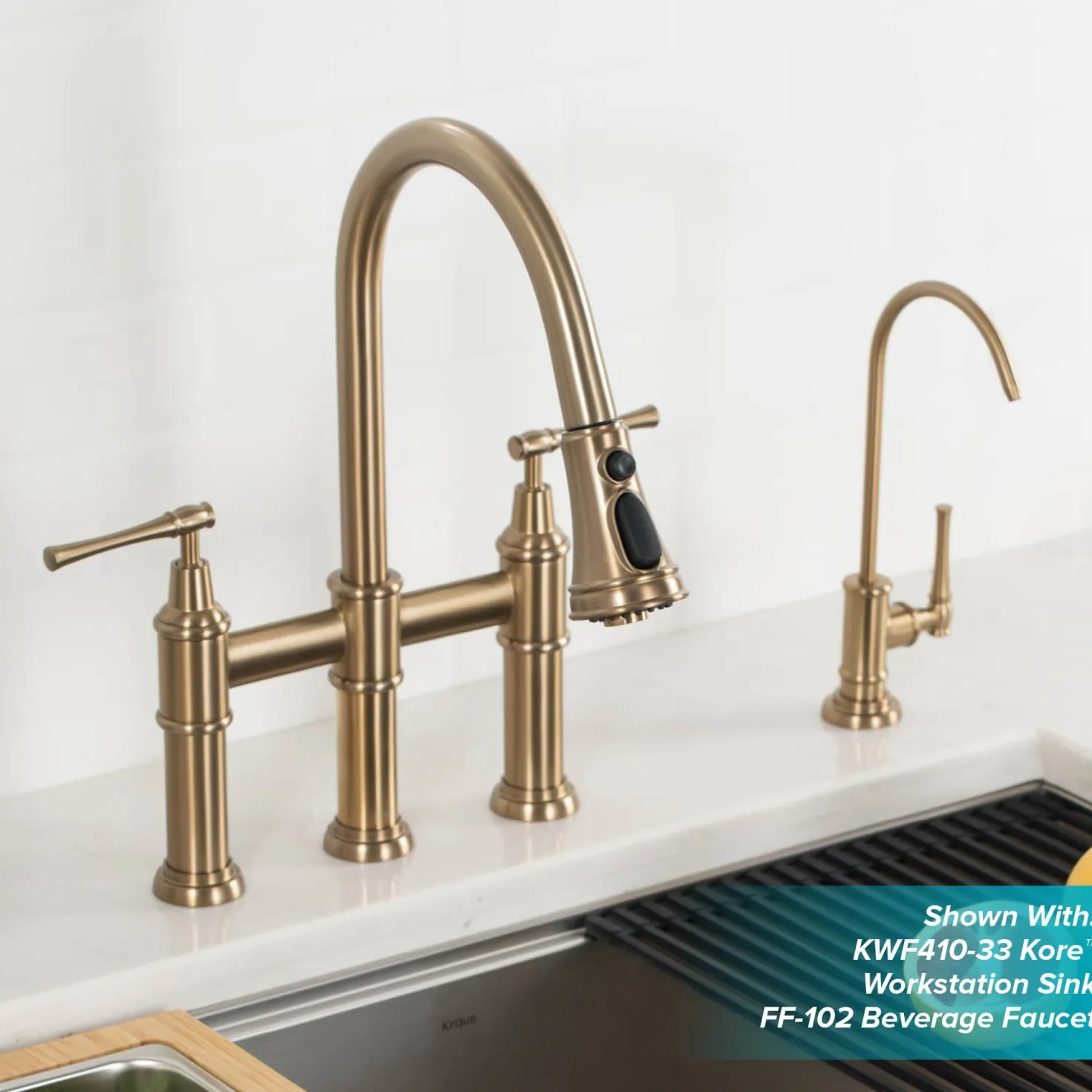 KRAUS Allyn Bridge Faucet with Pull-Down Sprayhead in Brushed Gold