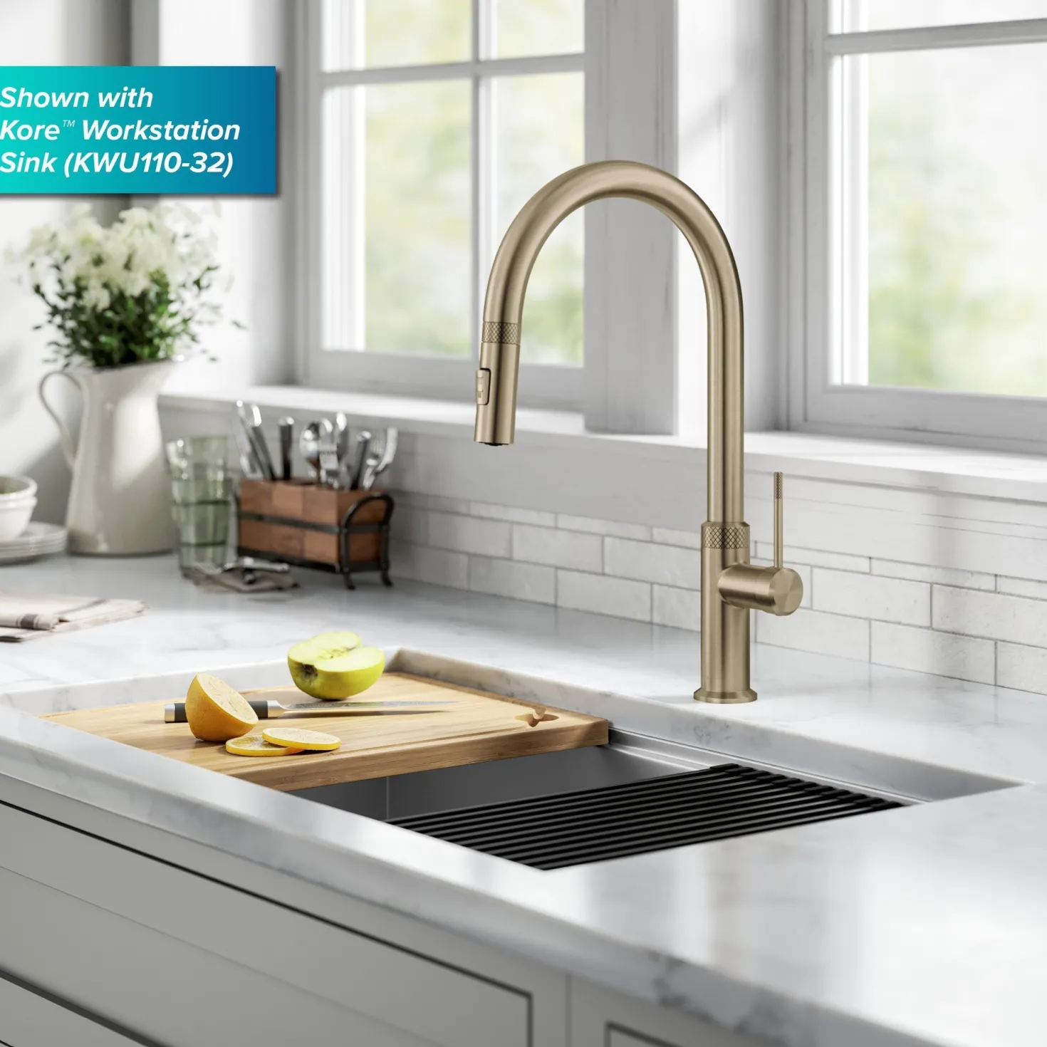 KRAUS Allyn Brushed Gold Single Handle Kitchen Faucet with Diamond Cut