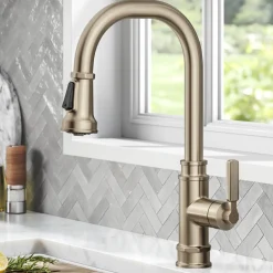 KRAUS Allyn Industrial Pull-Down Kitchen Faucet in Antique Champagne Bronze