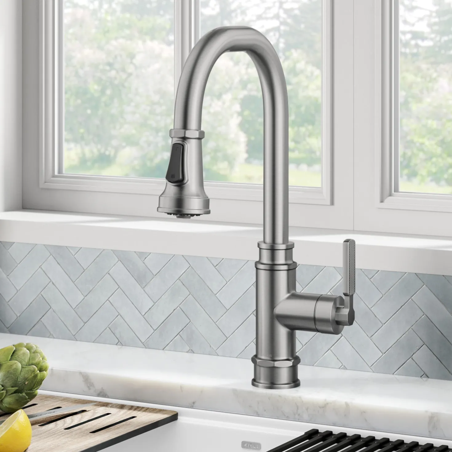 KRAUS Allyn Industrial Pull-Down Kitchen Faucet in Spot-Free Stainless Steel