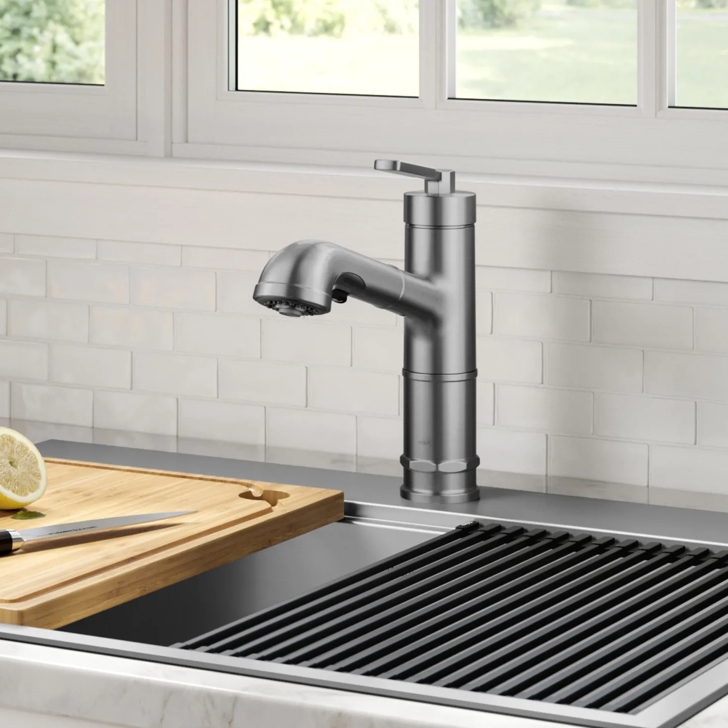 KRAUS Allyn Industrial Pull-Out Single Handle Kitchen Faucet in Spot-Free Stainless Steel
