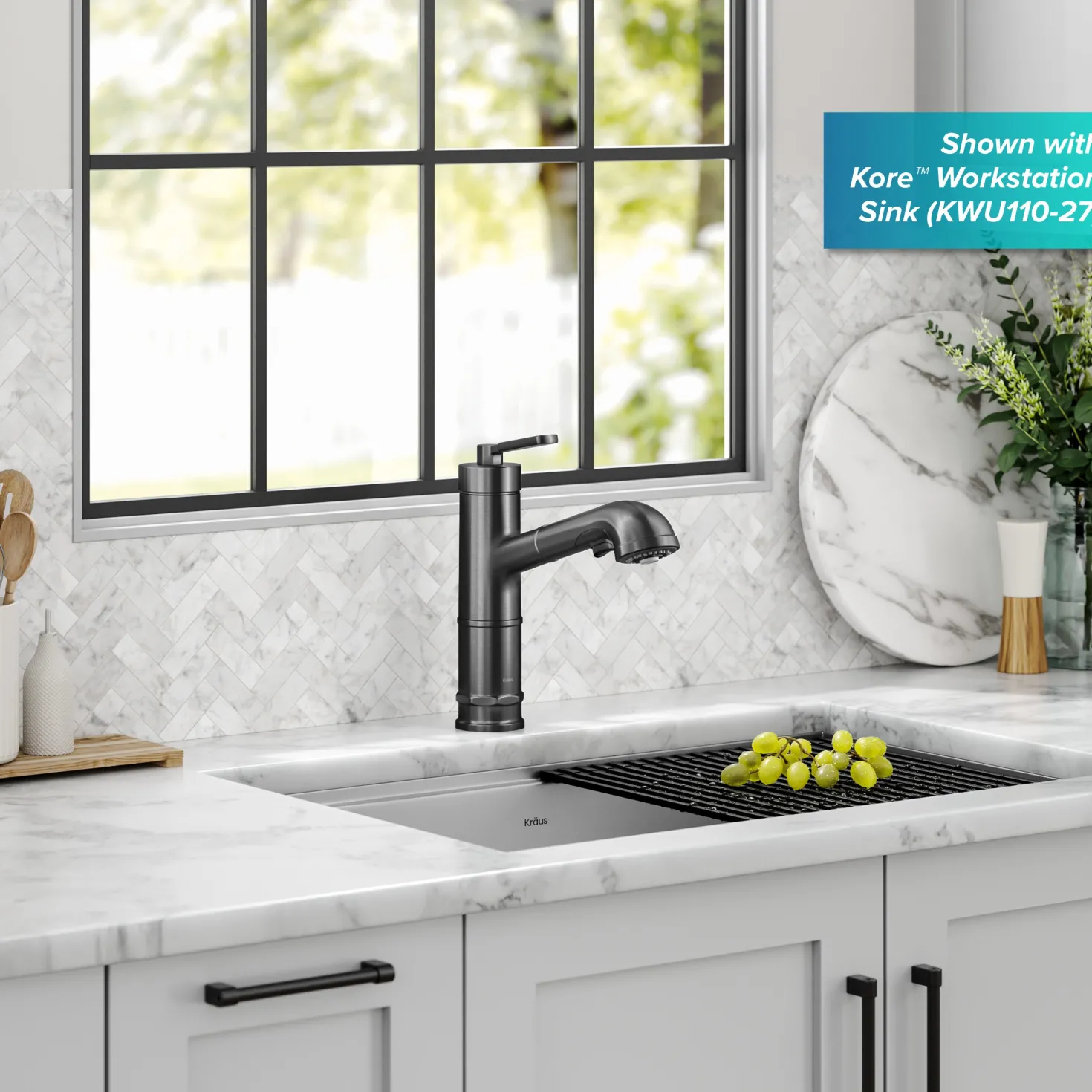 KRAUS Allyn Industrial Pull-Out Single Handle Kitchen Faucet in Black Stainless