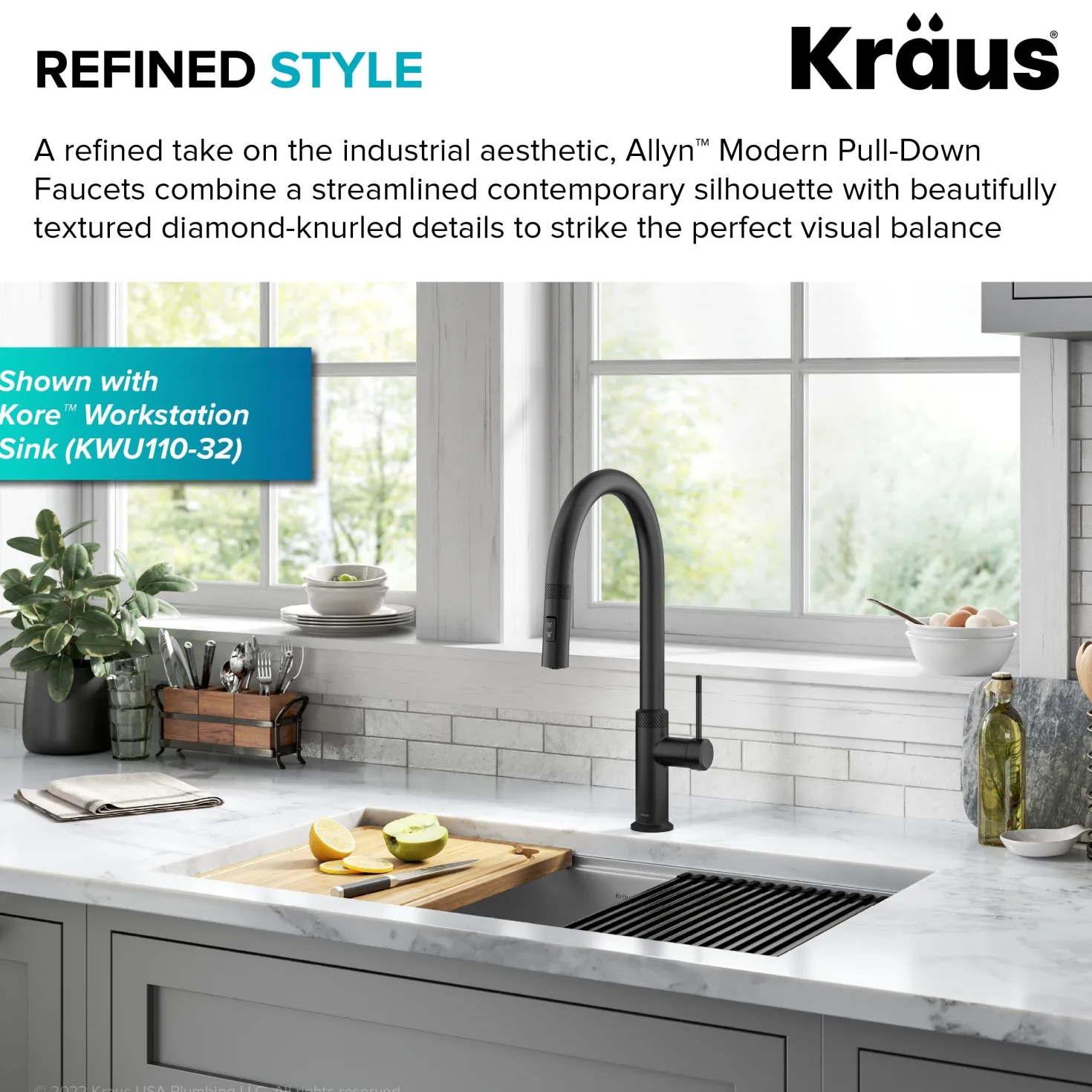 KRAUS Allyn Matte Black Single Handle Kitchen Faucet with Diamond Cut
