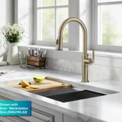 KRAUS Allyn Nut & Bolt Diamond Cut Brushed Gold Kitchen Faucet