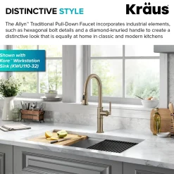 KRAUS Allyn Nut & Bolt Diamond Cut Brushed Gold Kitchen Faucet