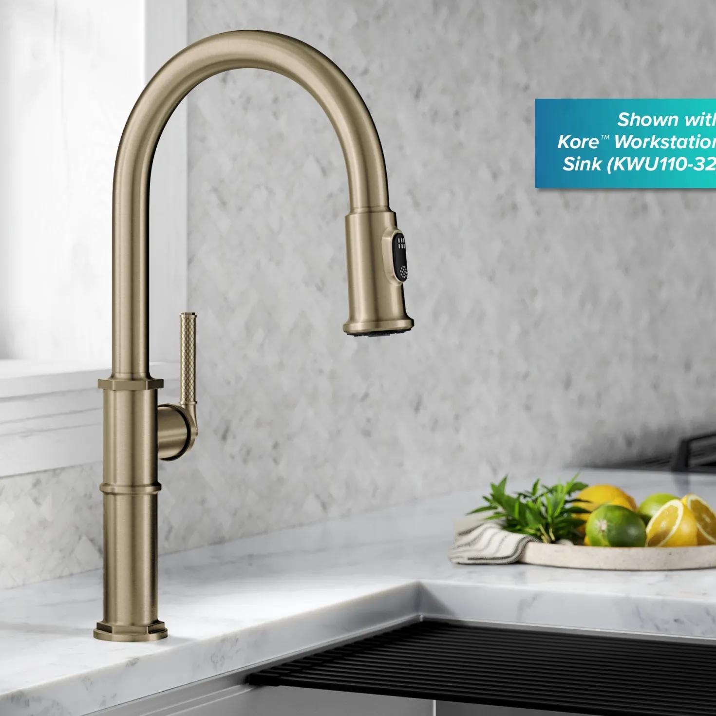 KRAUS Allyn Nut & Bolt Diamond Cut Brushed Gold Kitchen Faucet