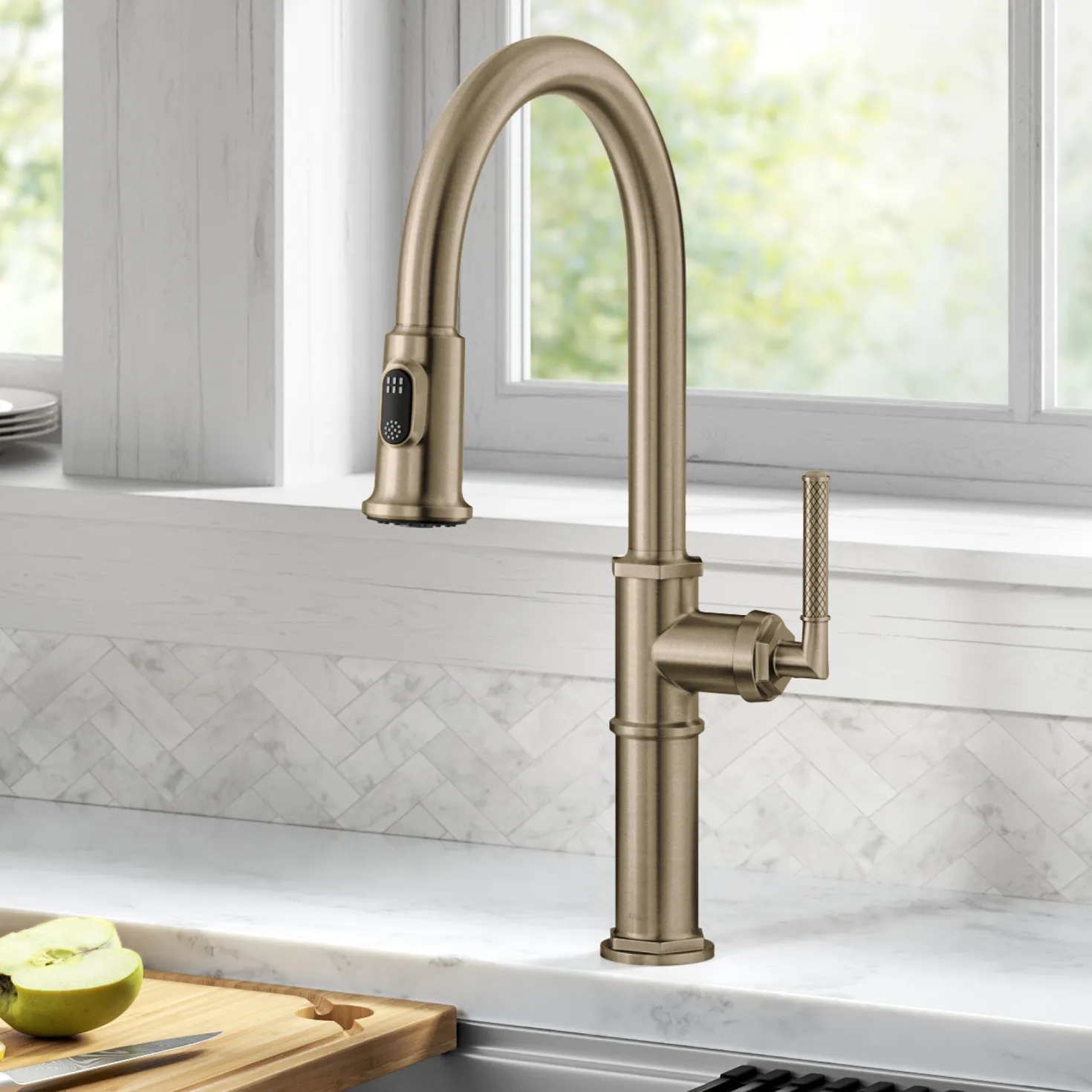 KRAUS Allyn Nut & Bolt Diamond Cut Brushed Gold Kitchen Faucet