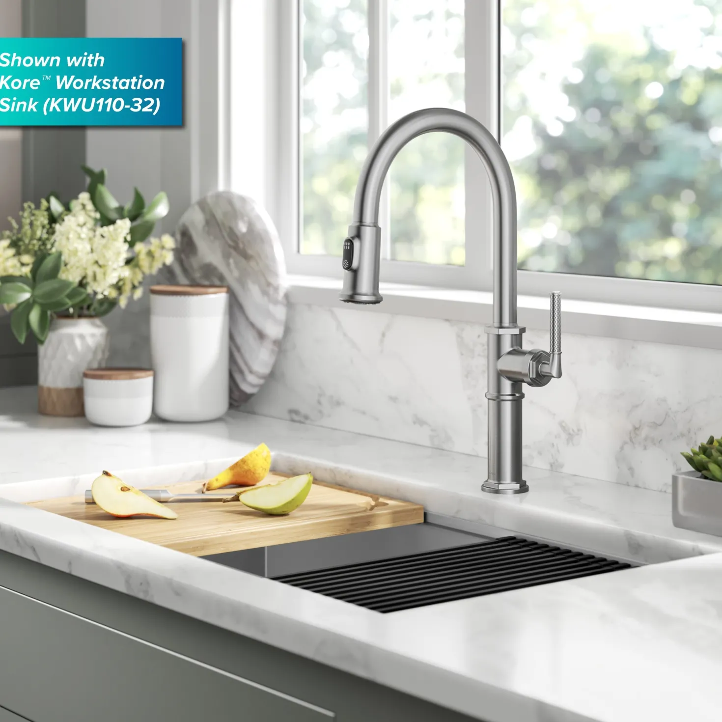 KRAUS Allyn Nut & Bolt Diamond Cut Spot Free Stainless Kitchen Faucet