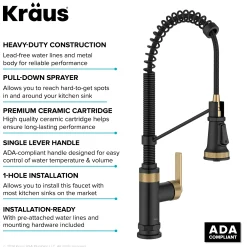 KRAUS Allyn Single Handle Pull Down Kitchen Faucet in Spot-Free Brushed Brass + Matte Black