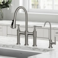 KRAUS Allyn Transitional Bridge Kitchen Faucet & Water Filter Faucet in Spot Free Stainless Steel
