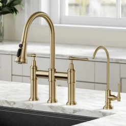KRAUS Allyn Transitional Bridge Kitchen Faucet & Water Filter Faucet in Brushed Gold