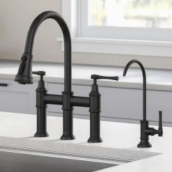 KRAUS Allyn Transitional Bridge Kitchen Faucet & Water Filter Faucet in Matte Black