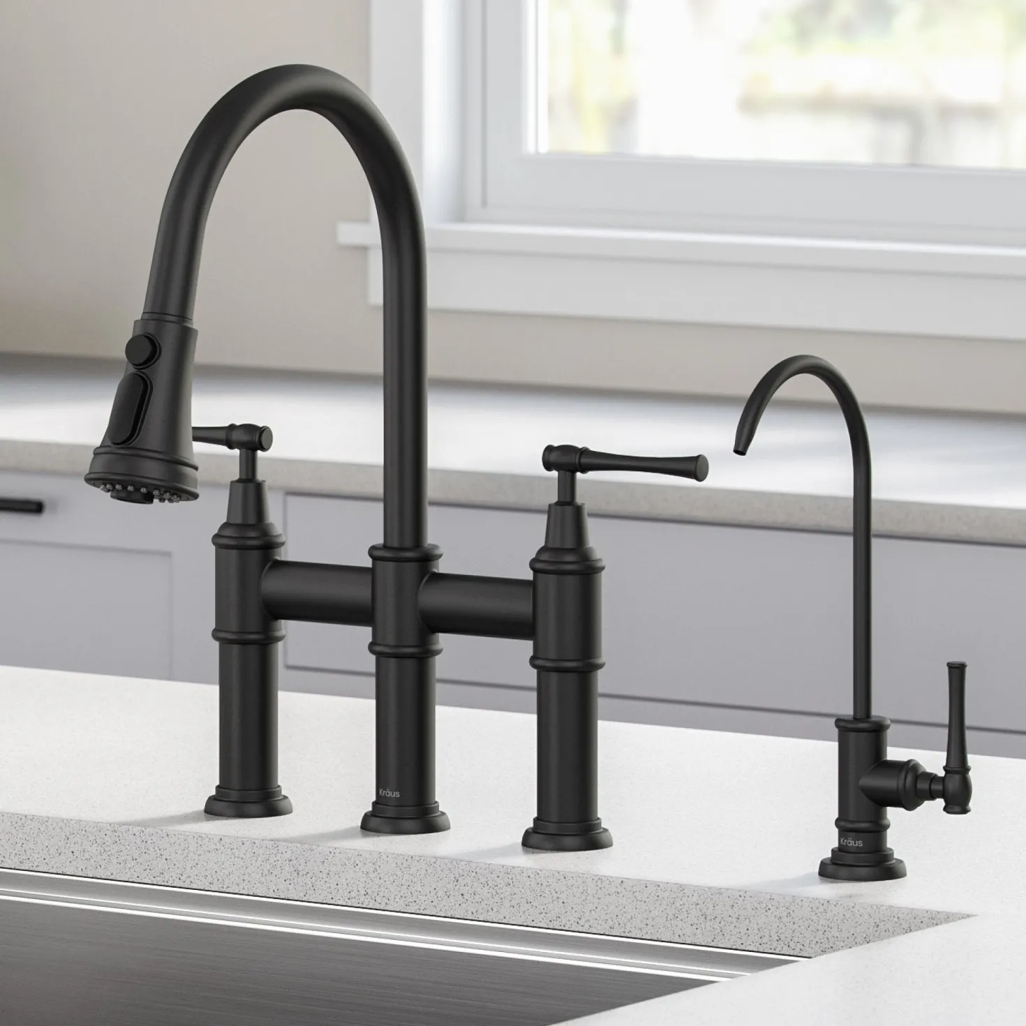 KRAUS Allyn Transitional Bridge Kitchen Faucet & Water Filter Faucet in Matte Black