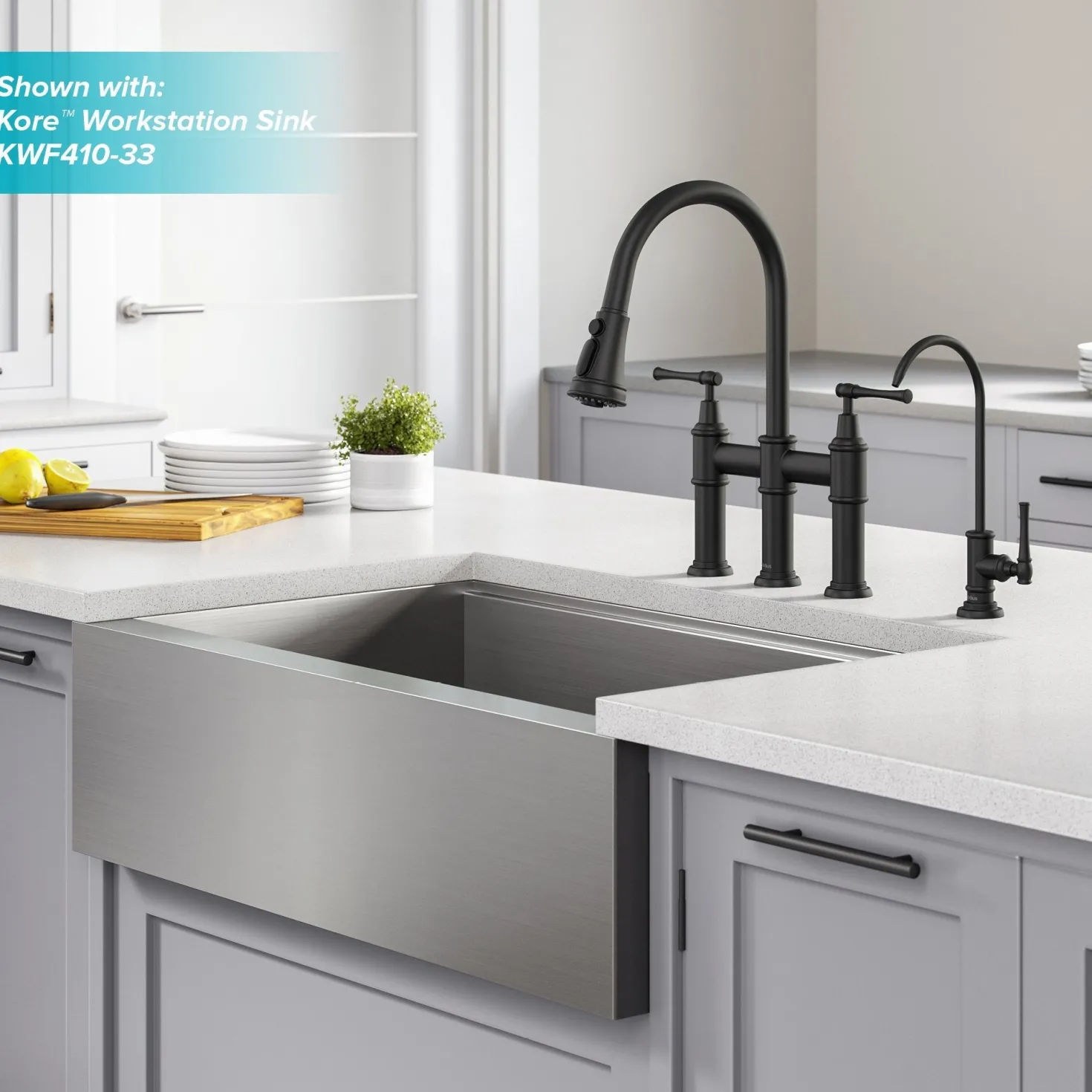 KRAUS Allyn Transitional Bridge Kitchen Faucet & Water Filter Faucet in Matte Black