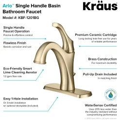 KRAUS Arlo Brushed Gold Basin Bathroom Faucet with Lift Rod Drain and Deck Plate