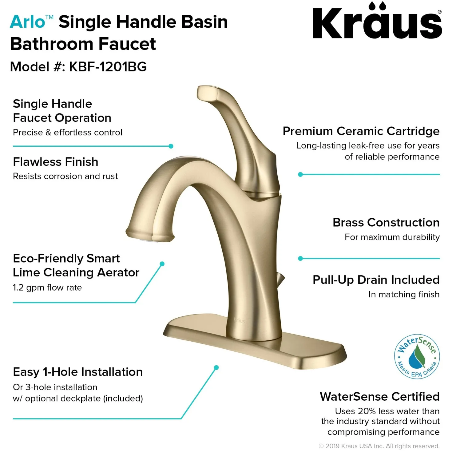 KRAUS Arlo Brushed Gold Basin Bathroom Faucet with Lift Rod Drain and Deck Plate
