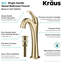 KRAUS Arlo Brushed Gold Tall Vessel Bathroom Faucet with Pop-Up Drain