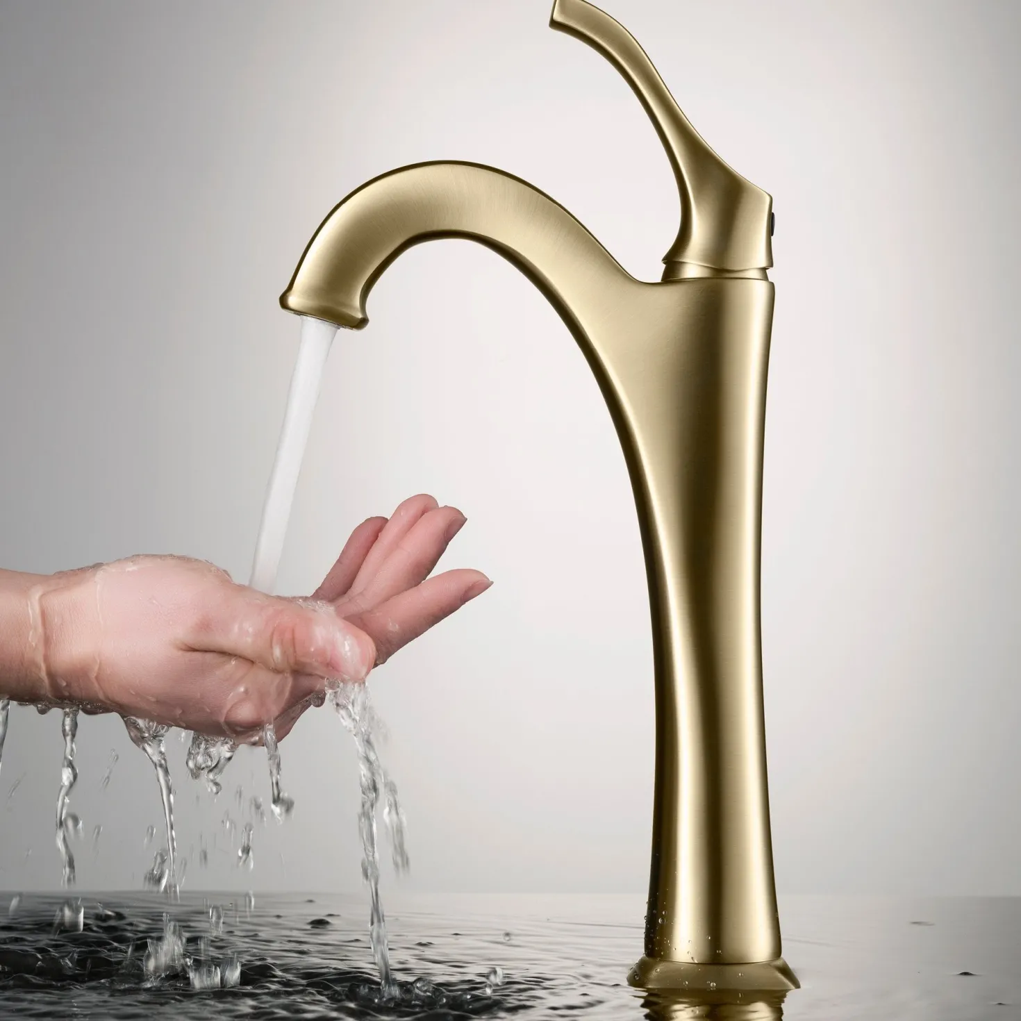 KRAUS Arlo Brushed Gold Tall Vessel Bathroom Faucet with Pop-Up Drain