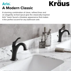 KRAUS Arlo Single Handle Bathroom Faucet with Lift Rod Drain and Deck Plate in Matte Black
