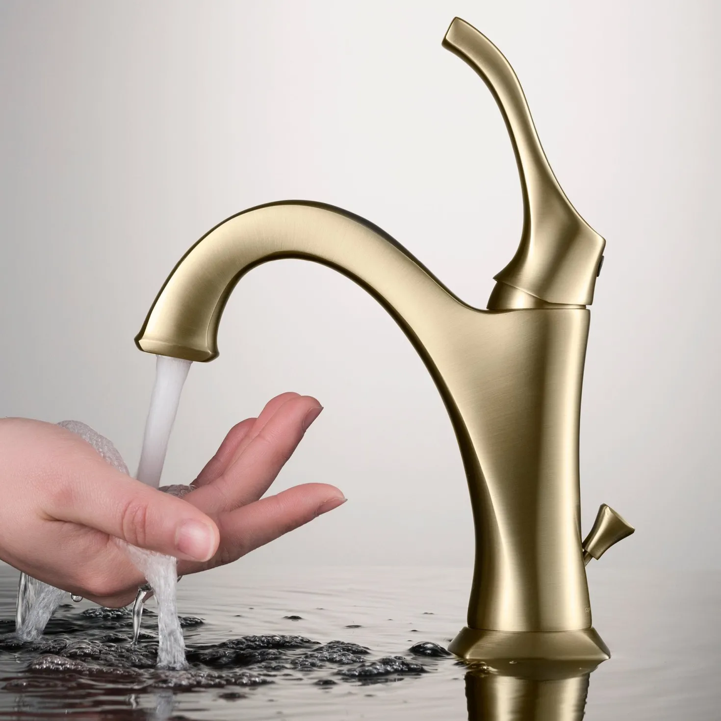 KRAUS Arlo Single Handle Bathroom Faucet with Lift Rod Drain and Deck Plate in Brushed Gold