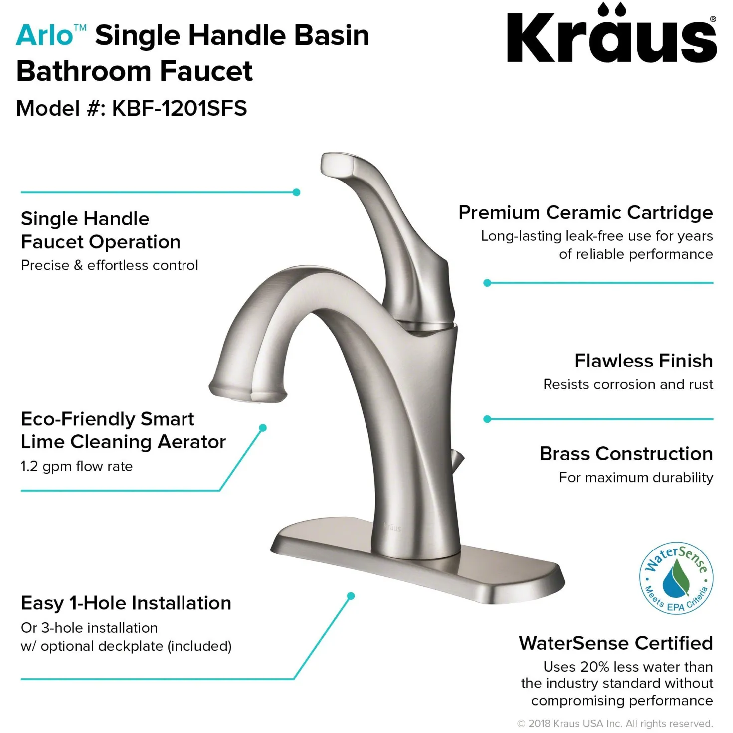 KRAUS Arlo Single Handle Bathroom Faucet with Lift Rod Drain and Deck Plate in Spot Free Stainless Steel