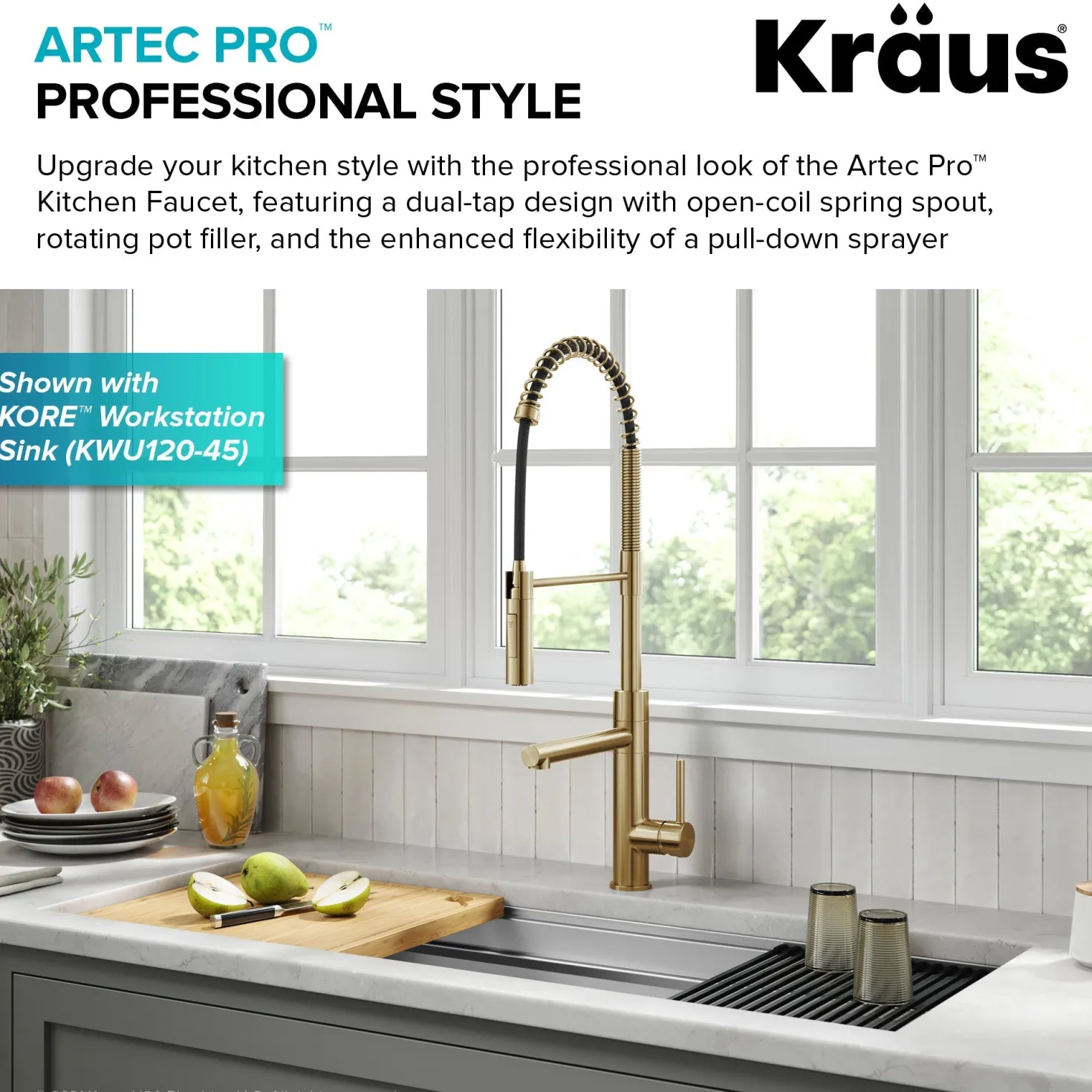 KRAUS Artec Pro Commercial Style Single Handle Kitchen Faucet with Pot Filler in Brushed Brass