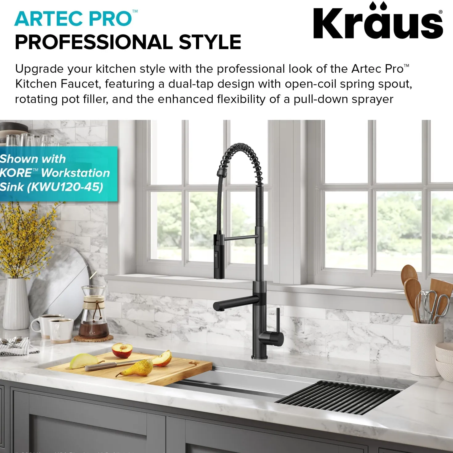 KRAUS Artec Pro Commercial Style Single Handle Kitchen Faucet with Pot Filler in Matte Black / Spot Free Black Stainless Steel