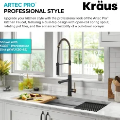 KRAUS Artec Pro Commercial Style Single Handle Kitchen Faucet with Pot Filler in Spot Free Antique Champagne Bronze / Matte Black