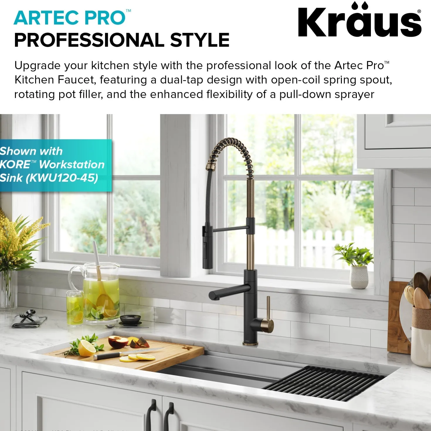 KRAUS Artec Pro Commercial Style Single Handle Kitchen Faucet with Pot Filler in Spot Free Antique Champagne Bronze / Matte Black