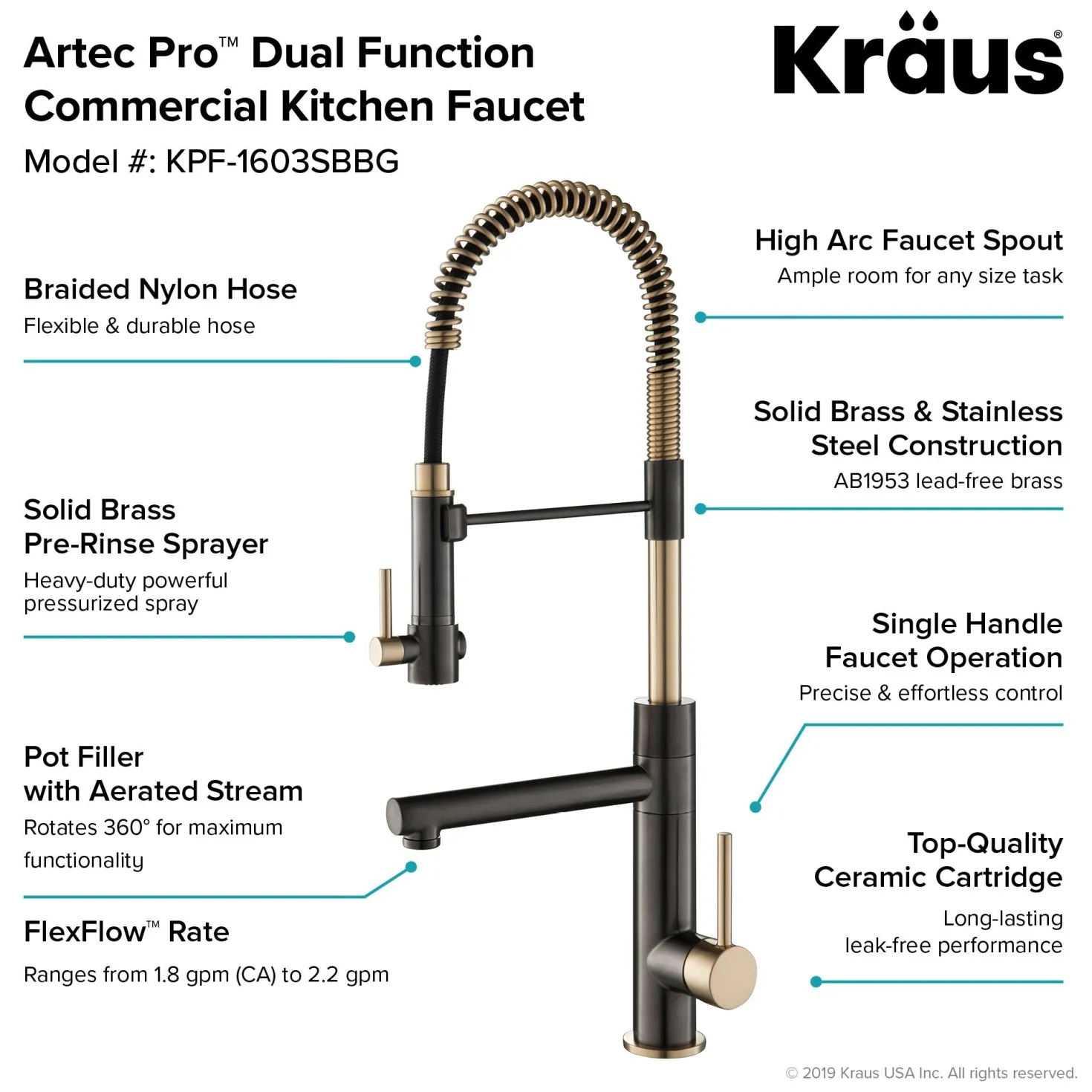 KRAUS Artec Pro 2-Function Commercial Style Pre-Rinse Kitchen Faucet in Black Stainless/Brushed Gold