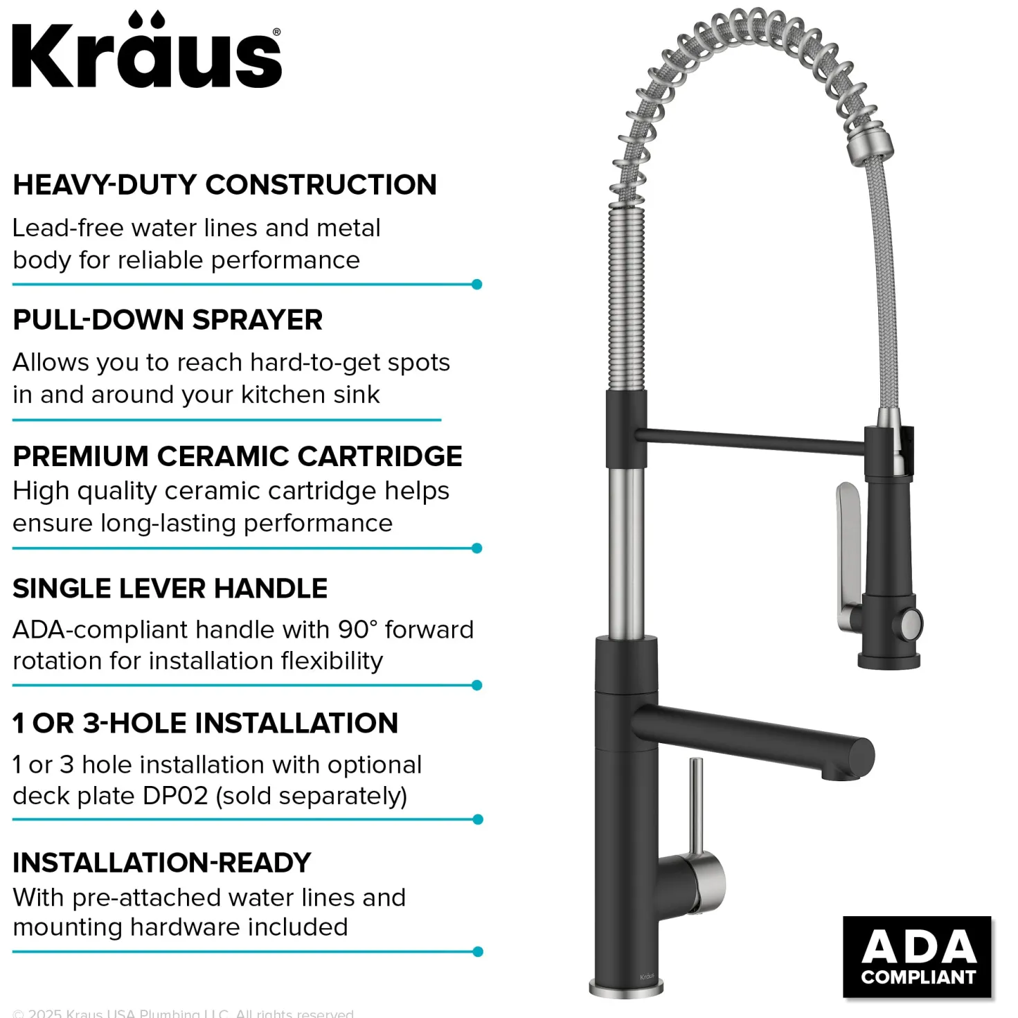 KRAUS Artec Pro 2-Function Single Handle Pull Down Kitchen Faucet in Spot-Free Stainless Steel & Matte Black