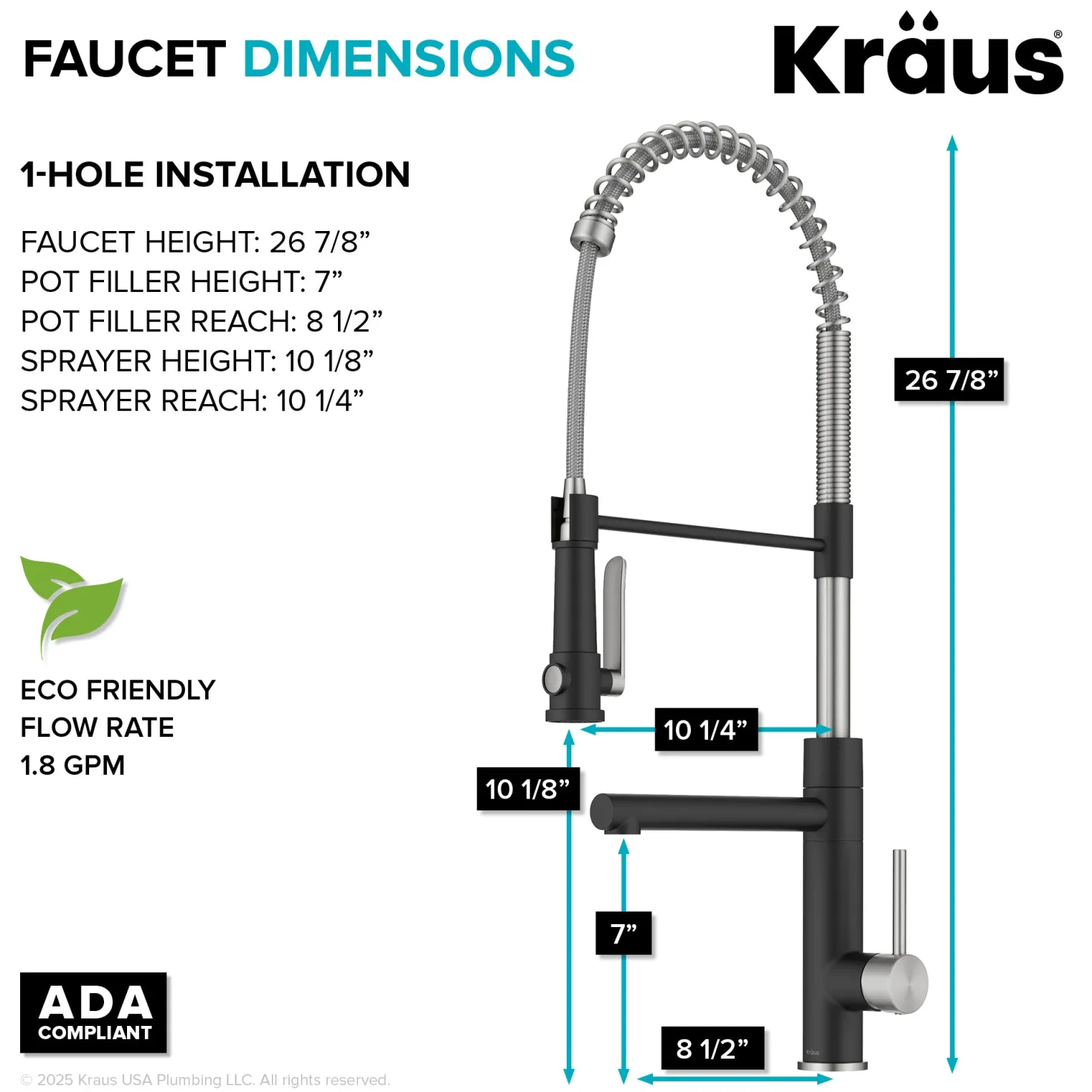 KRAUS Artec Pro 2-Function Single Handle Pull Down Kitchen Faucet in Spot-Free Stainless Steel & Matte Black