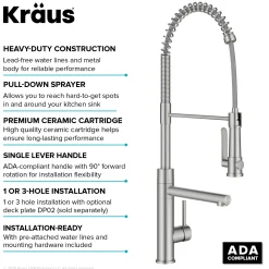 KRAUS Artec Pro 2-Function Single Handle Pull Down Kitchen Faucet in Spot-Free Stainless Steel