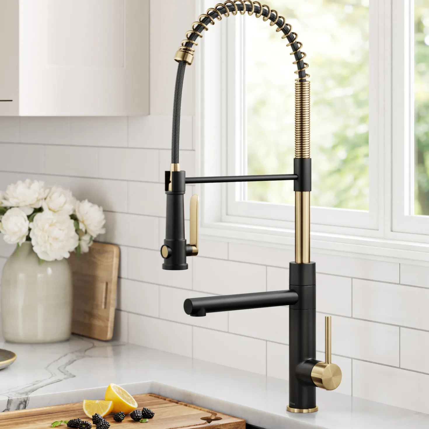 KRAUS Artec Pro 2-Function Single Handle Pull Down Kitchen Faucet in Brushed Brass & Matte Black