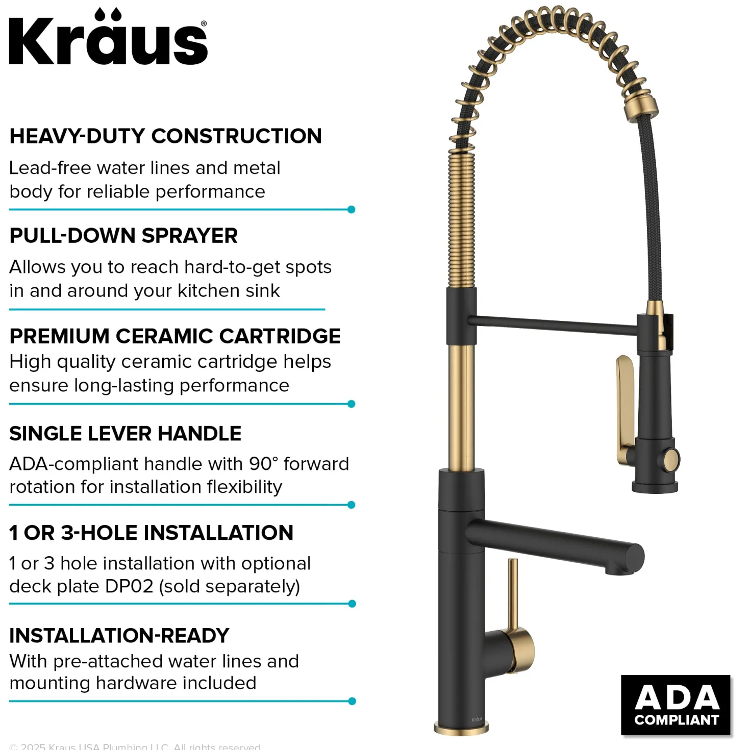 KRAUS Artec Pro 2-Function Single Handle Pull Down Kitchen Faucet in Brushed Brass & Matte Black