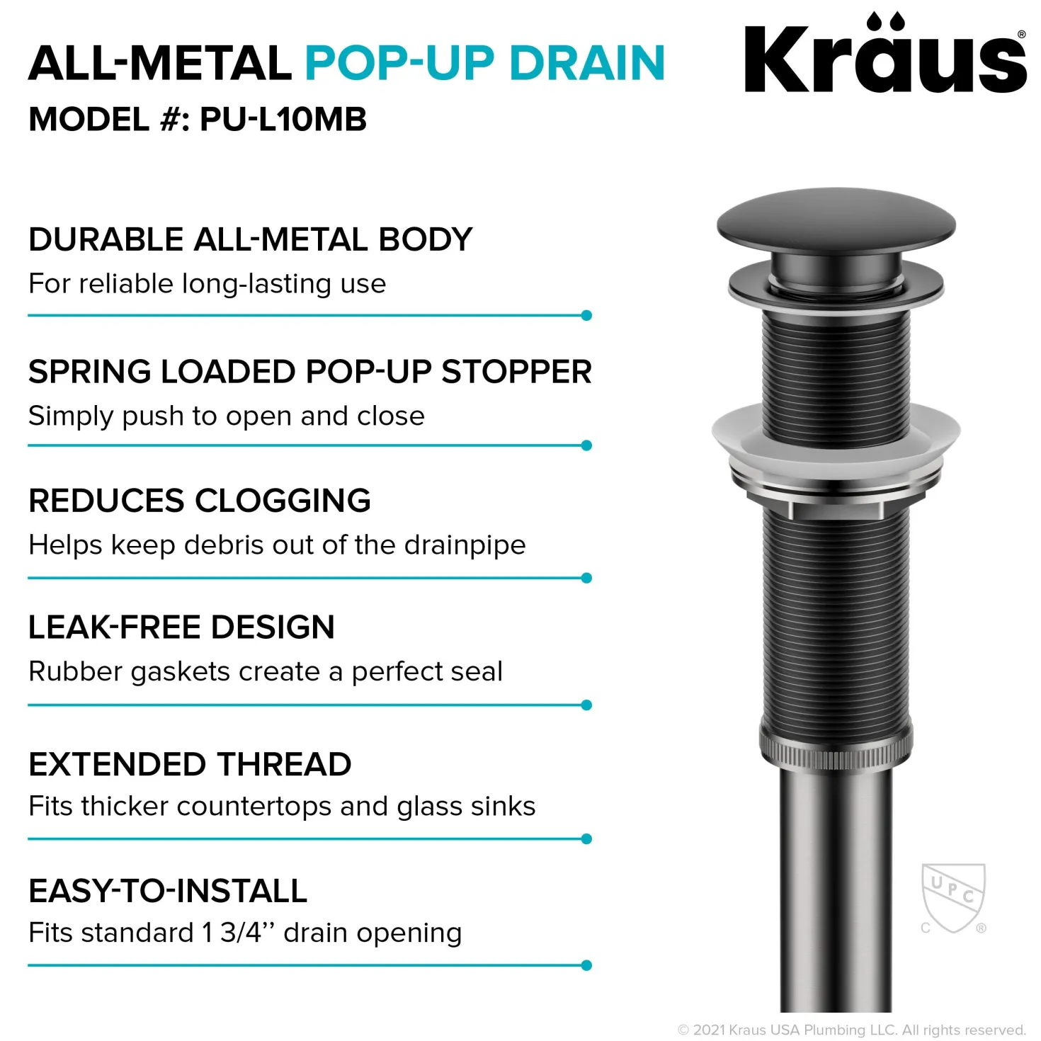 KRAUS Bathroom Sink Pop-Up Drain with Extended Thread