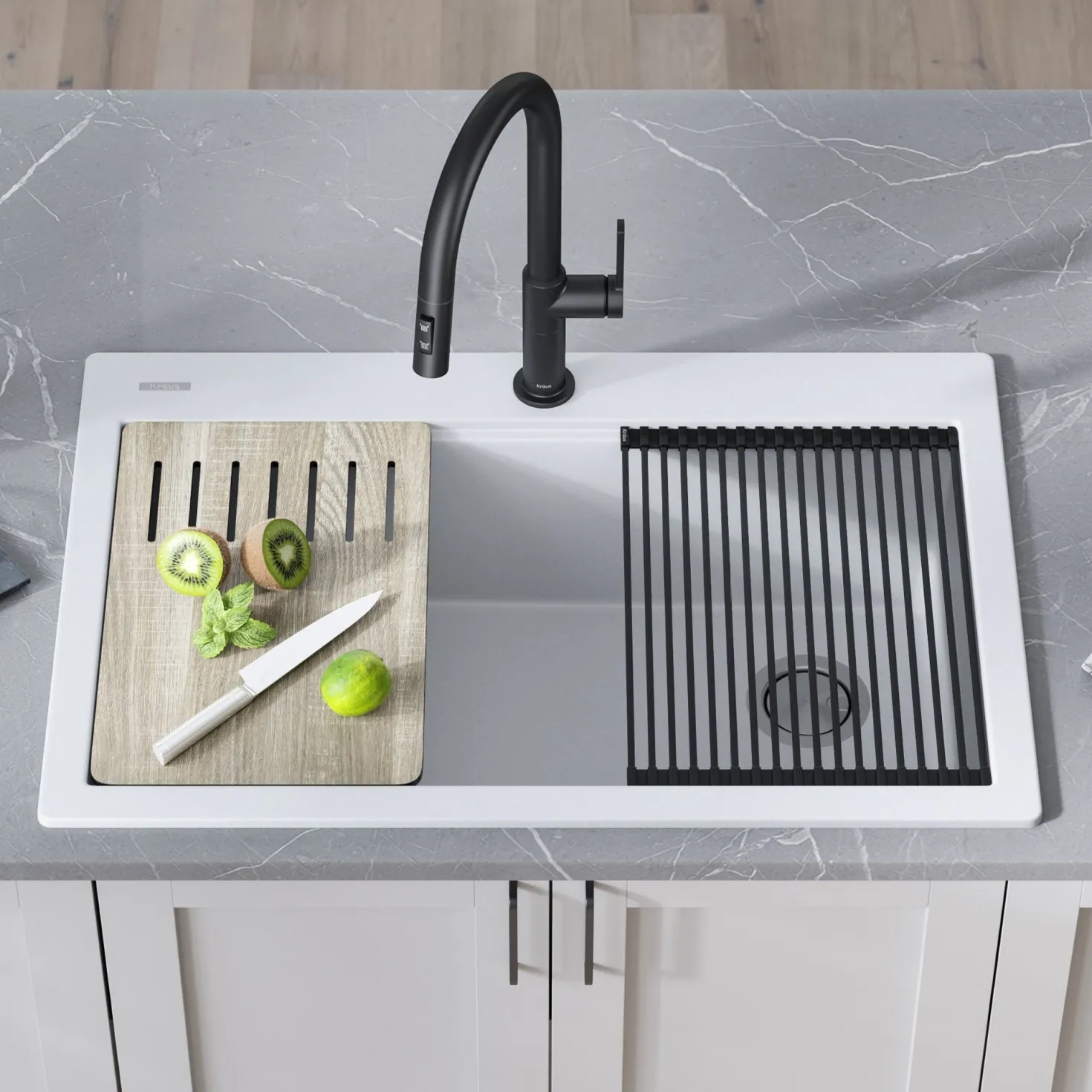 KRAUS Bellucci Workstation 33" Drop-In Granite Composite Kitchen Sink in White with Accessories