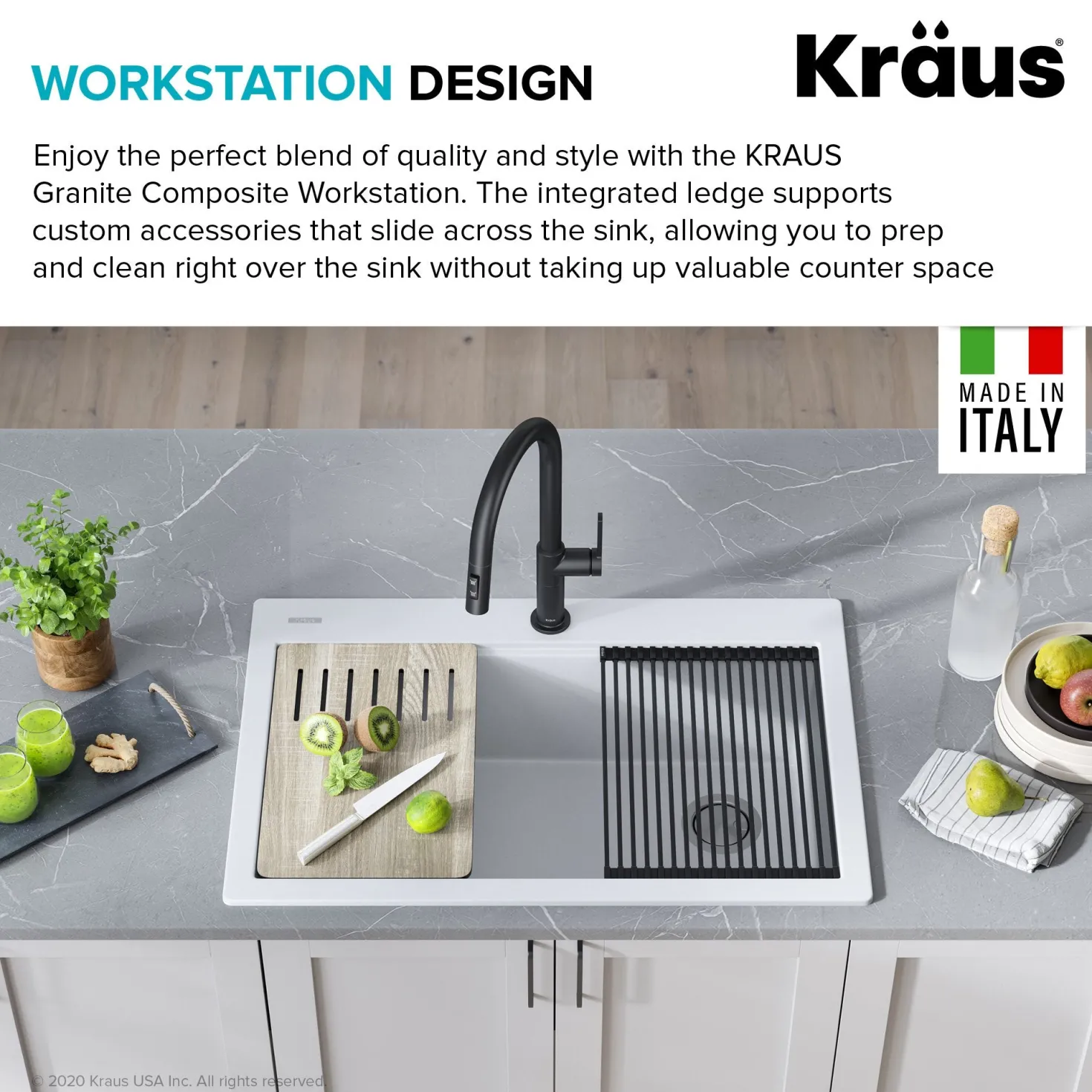 KRAUS Bellucci Workstation 33" Drop-In Granite Composite Kitchen Sink in White with Accessories