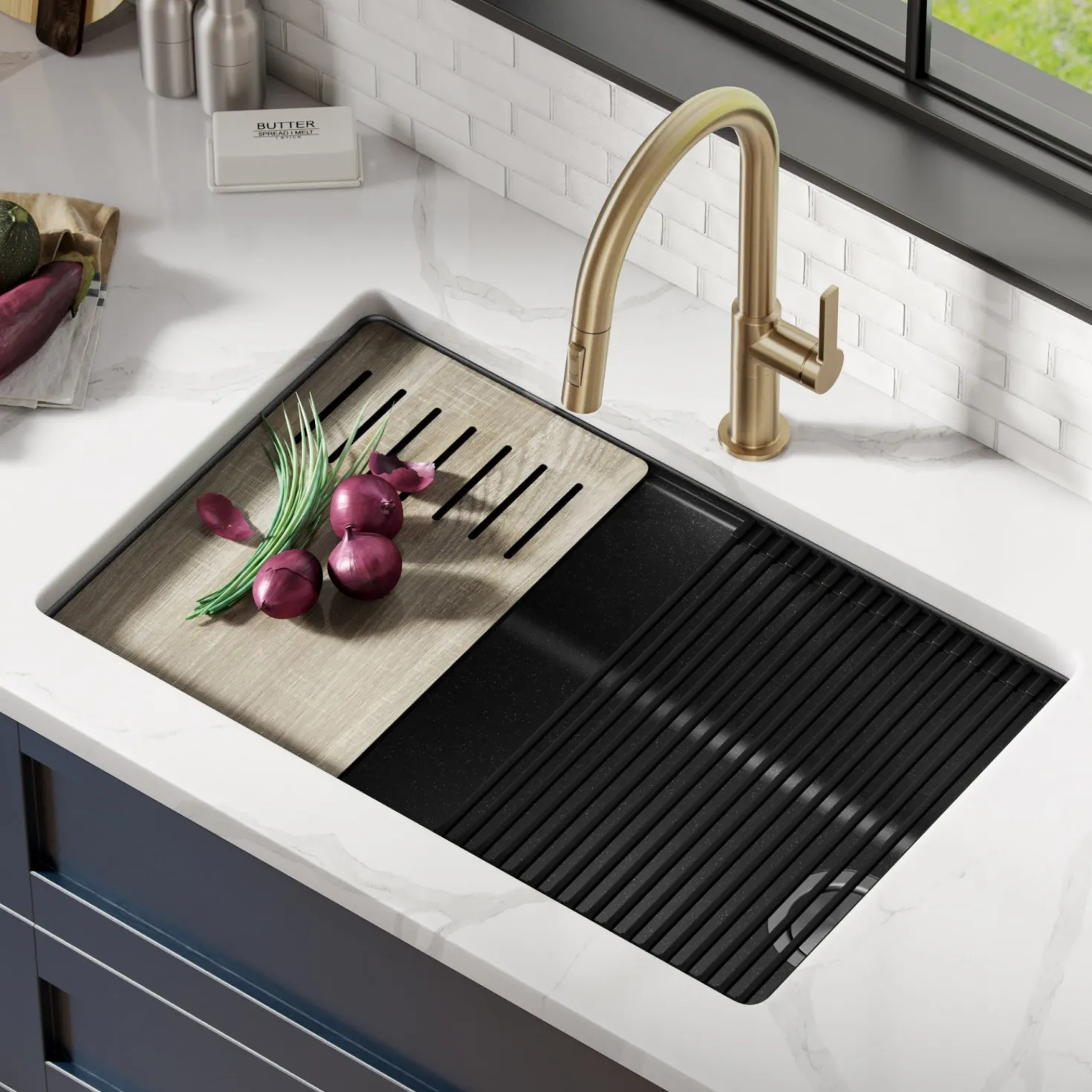 KRAUS Bellucci Workstation 30" Undermount Granite Composite Single Bowl Kitchen Sink with Accessories