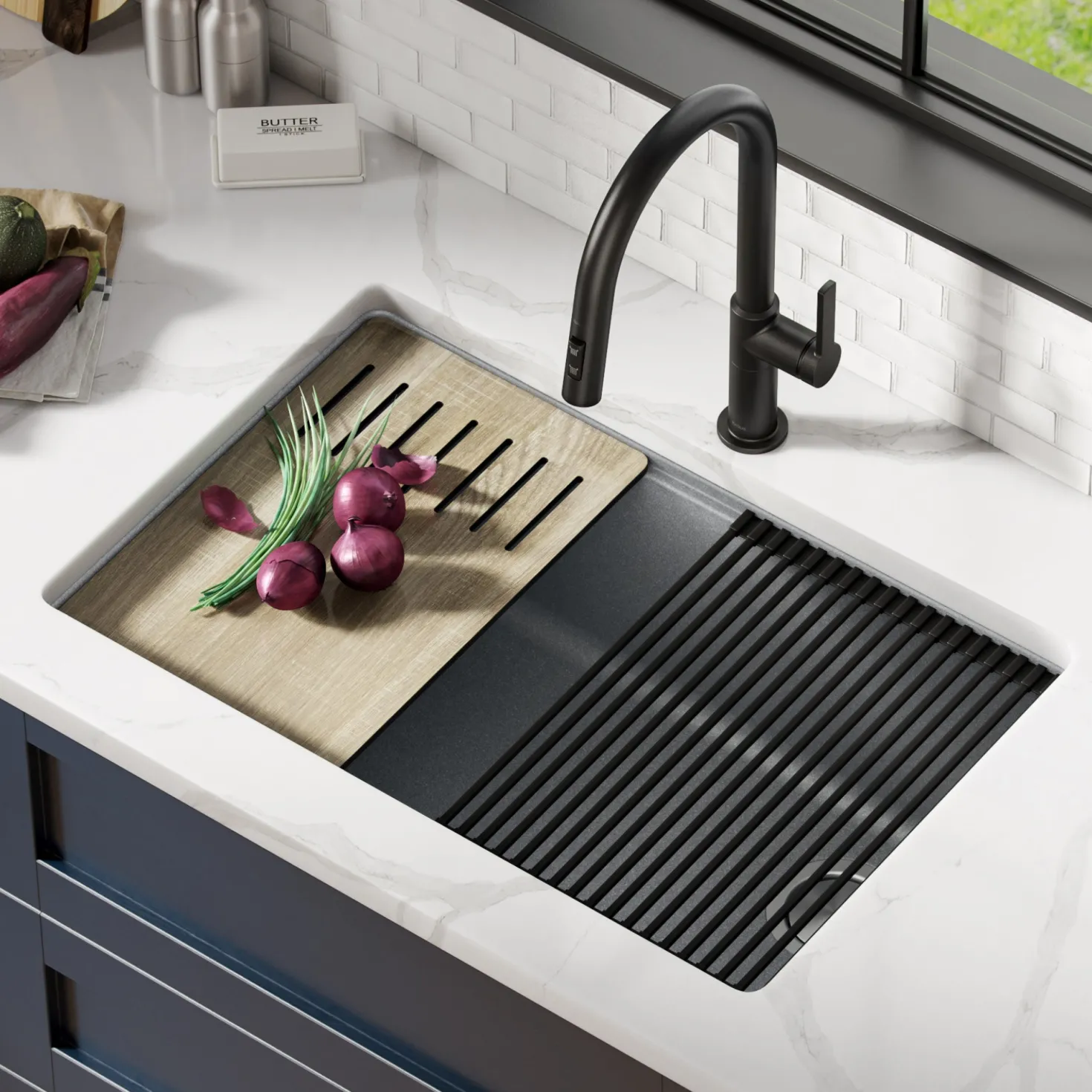 KRAUS Bellucci Workstation 30" Undermount Granite Composite Single Bowl Kitchen Sink with Accessories