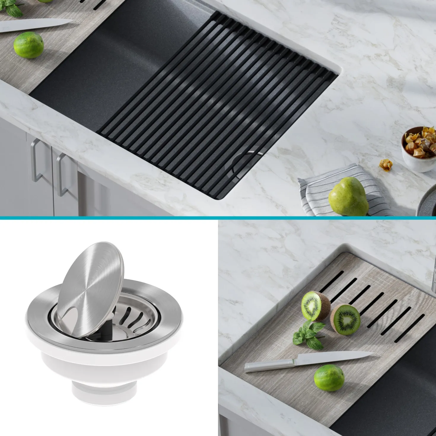 KRAUS Bellucci Workstation 33" Undermount Granite Composite Kitchen Sink in Metallic Gray with Accessories