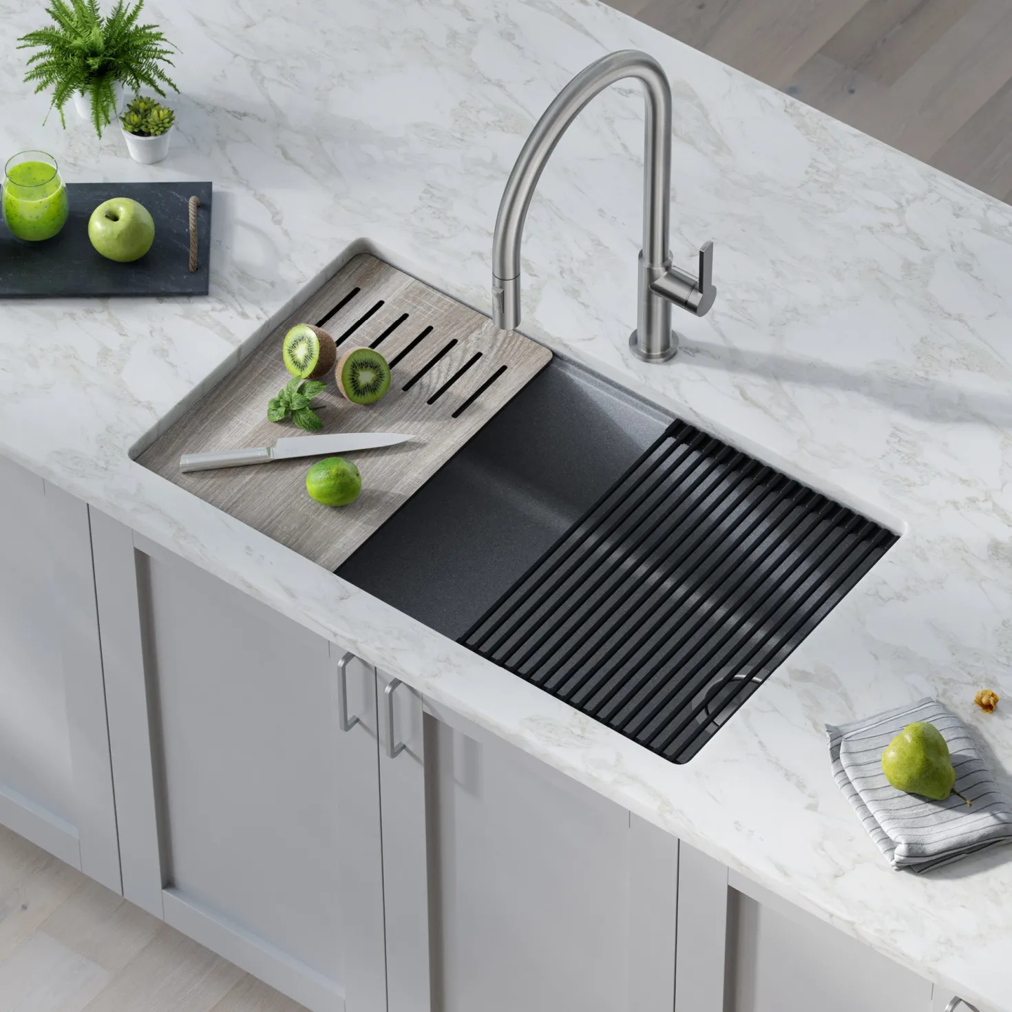 KRAUS Bellucci Workstation 33" Undermount Granite Composite Kitchen Sink in Metallic Gray with Accessories